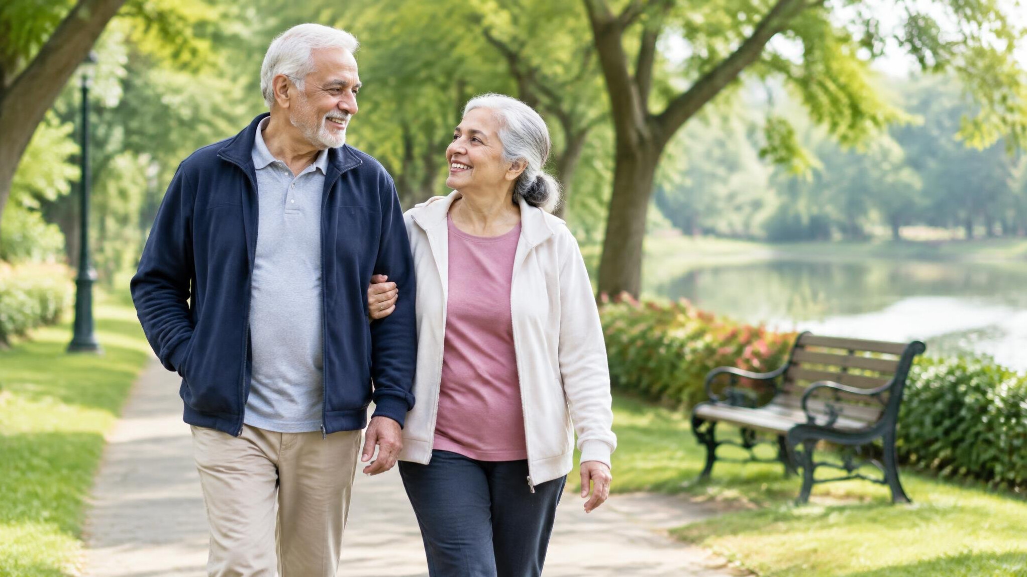 retired couple walking in park