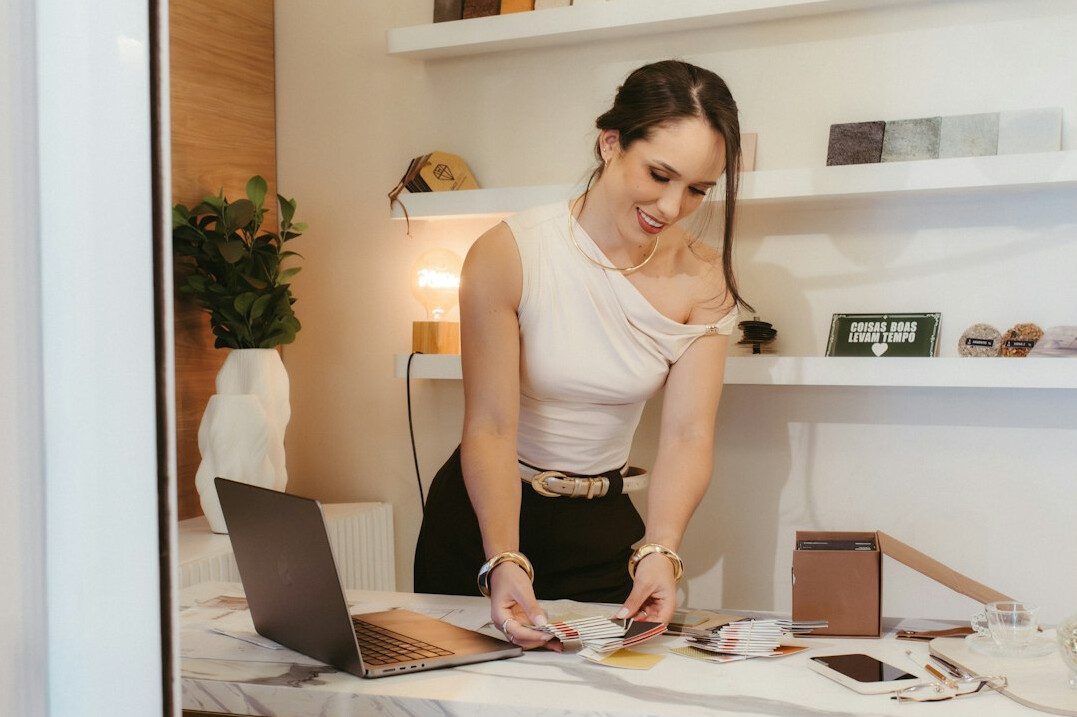 woman checking documents at home