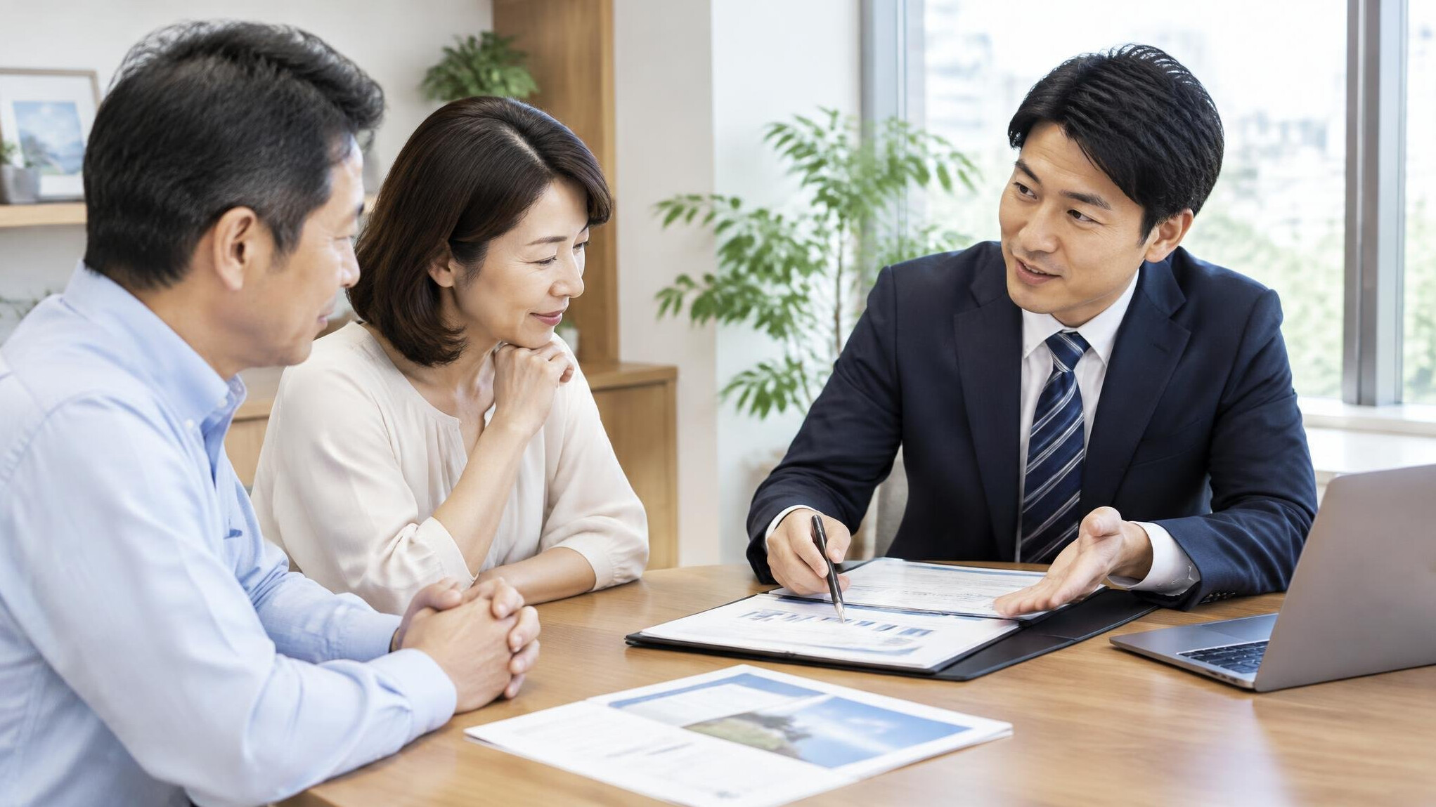Financial advisor consulting with a Japanese couple at a desk